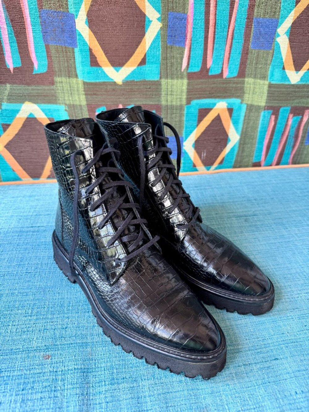 Freda Salvador Emi Embossed Croc Lug Combat Boot in Black